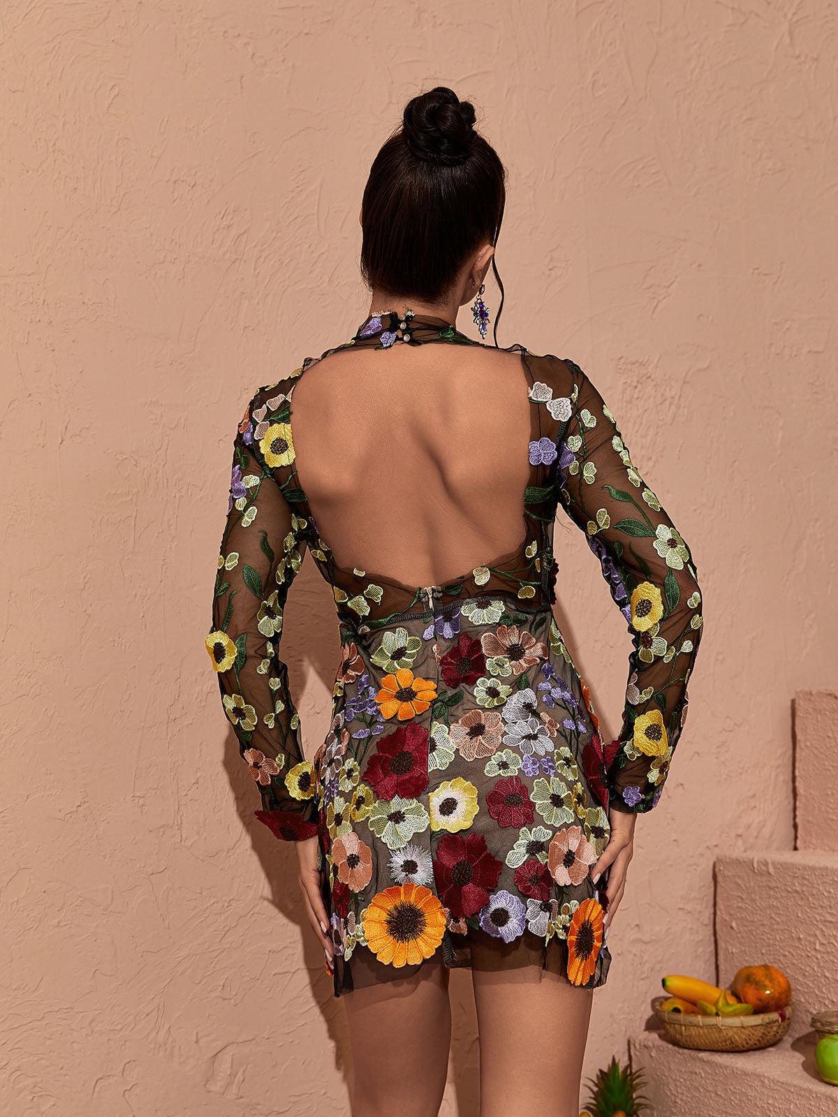 Ameerah | Women’s Mesh Open Back Floral Applique Mini Dress