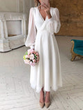 Amelie | Women’s White V Neck Long Sleeve Midi Dress