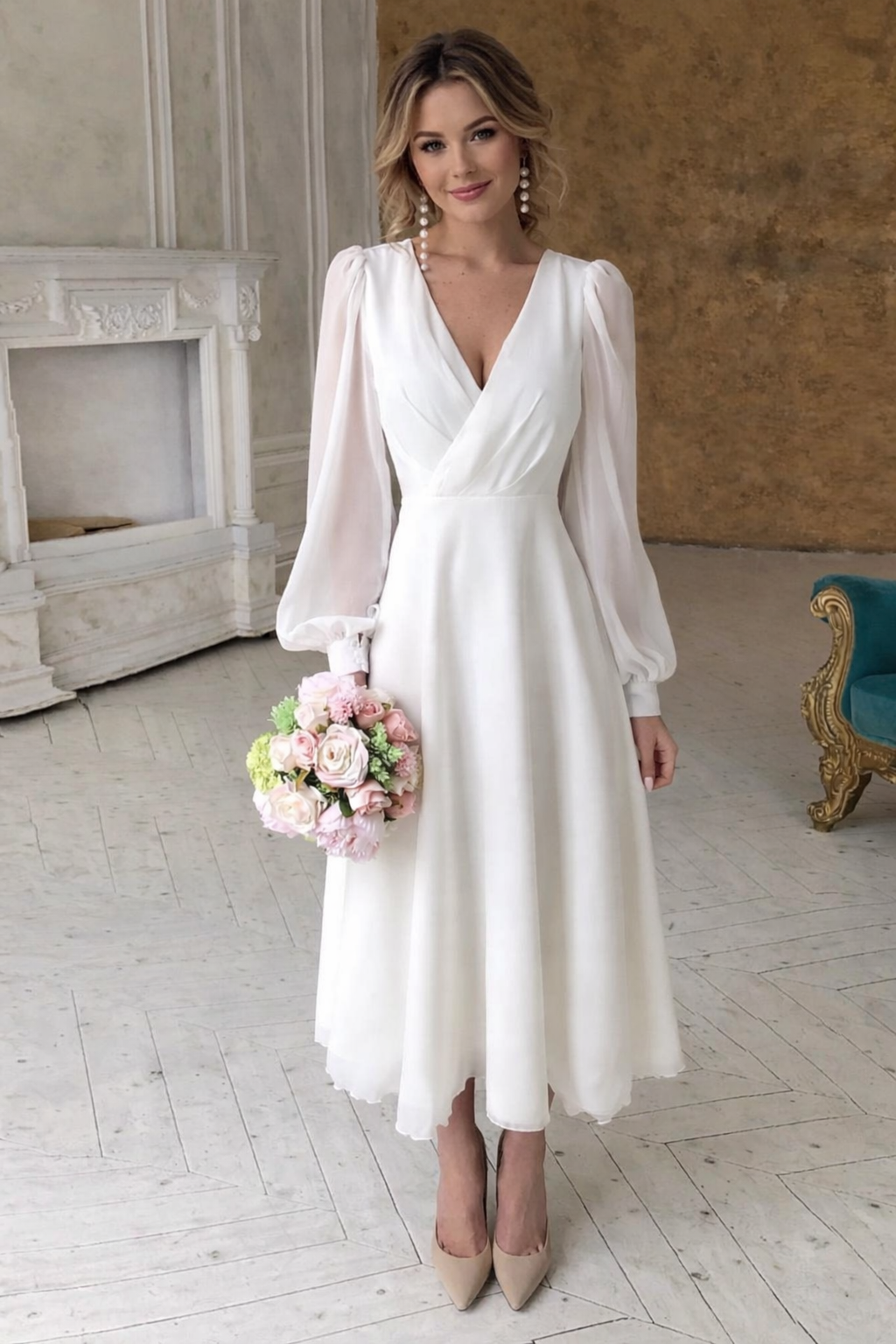 Amelie | Women’s White V Neck Long Sleeve Midi Dress