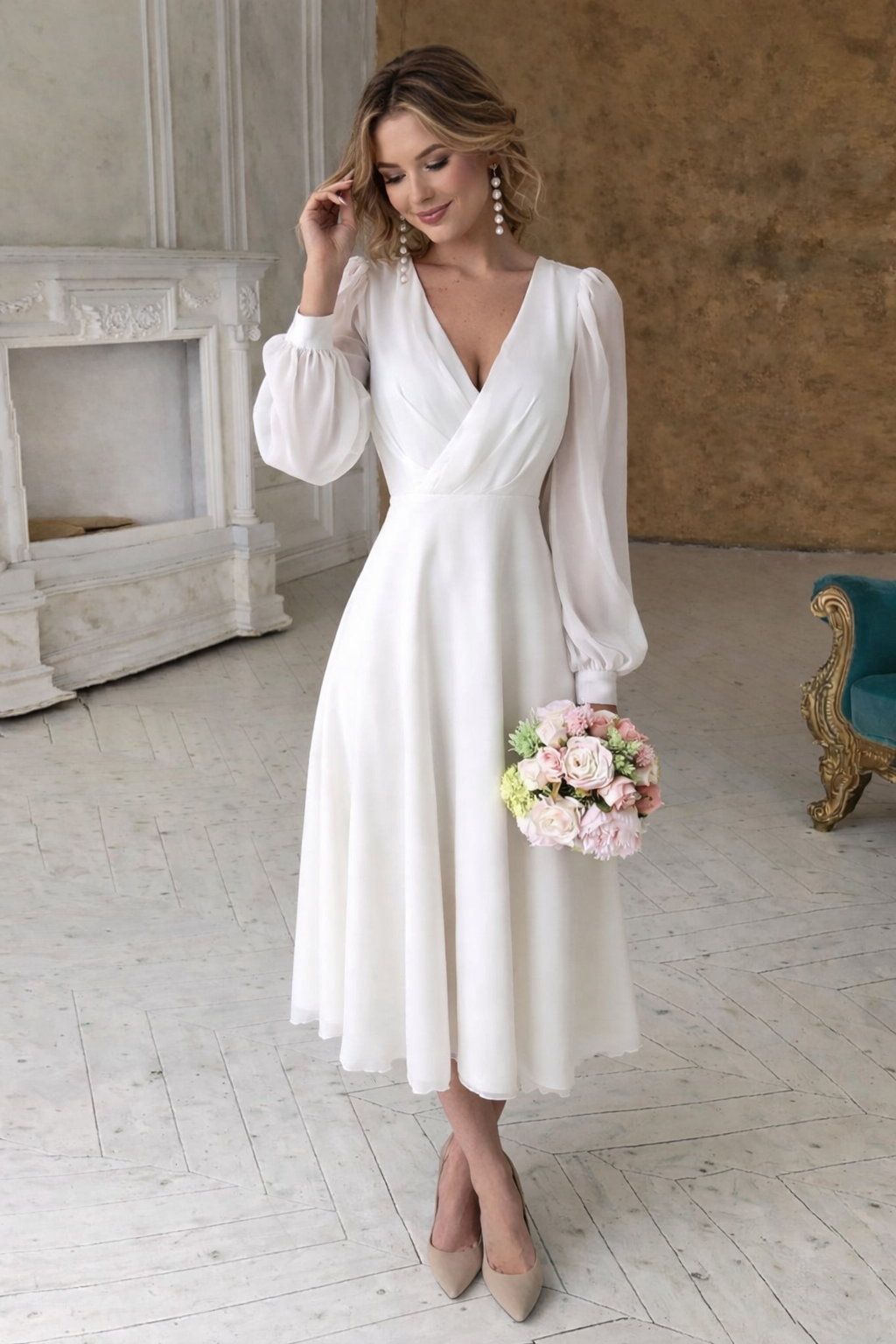Amelie | Women’s White V Neck Long Sleeve Midi Dress