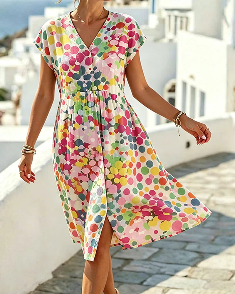 Amena | Women's V Neck Multicolor Dotted Knee Length Dress