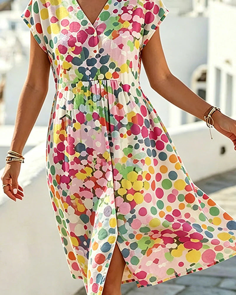 Amena | Women's V Neck Multicolor Dotted Knee Length Dress