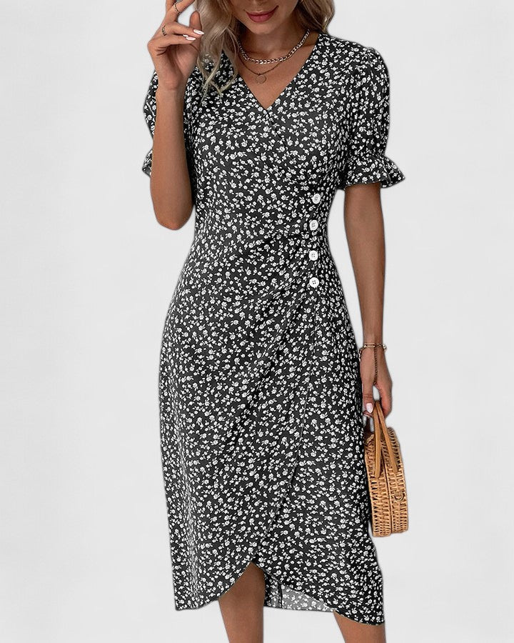 Amiyah | Women's V Neck Short Sleeve Button Front Midi Dress