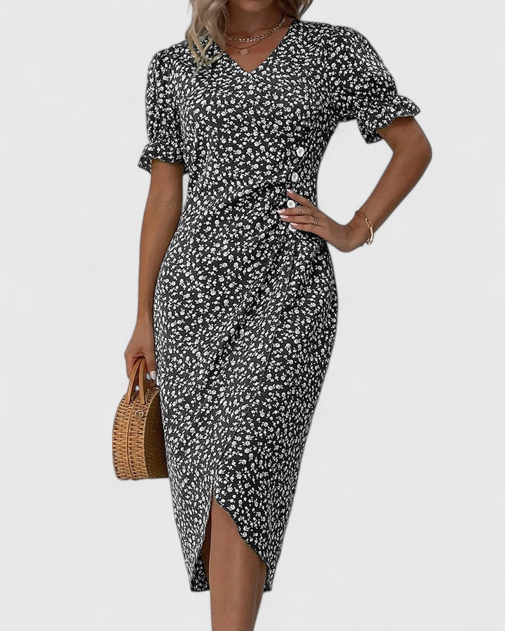 Amiyah | Women's V Neck Short Sleeve Button Front Midi Dress
