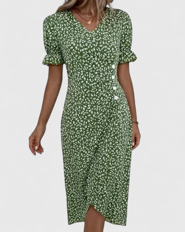 Amiyah | Women's V Neck Short Sleeve Button Front Midi Dress