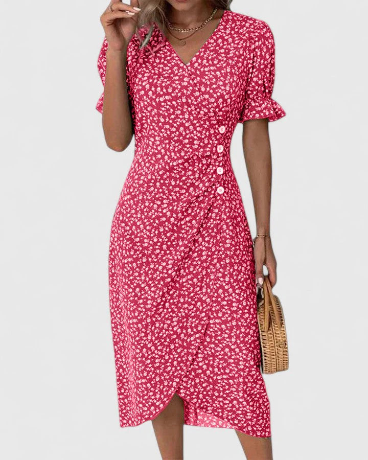 Amiyah | Women's V Neck Short Sleeve Button Front Midi Dress