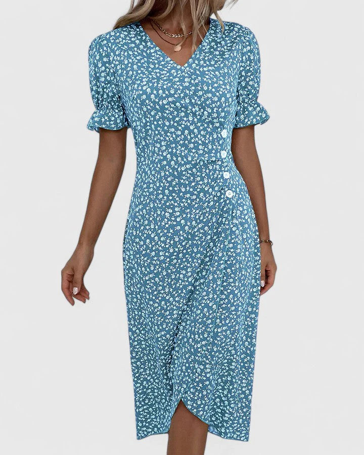 Amiyah | Women's V Neck Short Sleeve Button Front Midi Dress