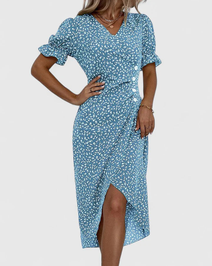 Amiyah | Women's V Neck Short Sleeve Button Front Midi Dress