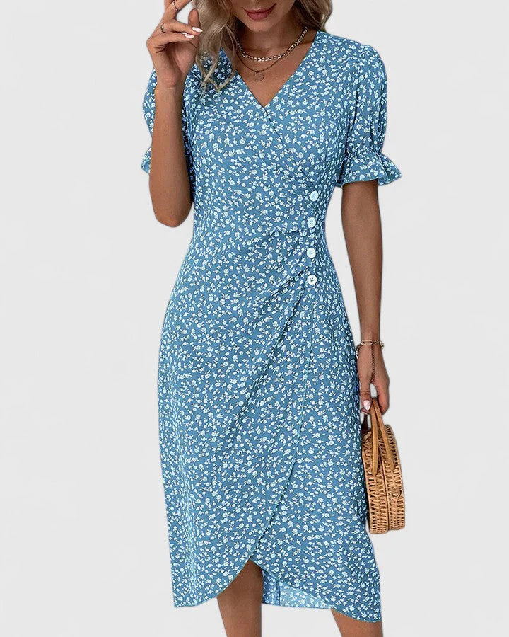 Amiyah | Women's V Neck Short Sleeve Button Front Midi Dress