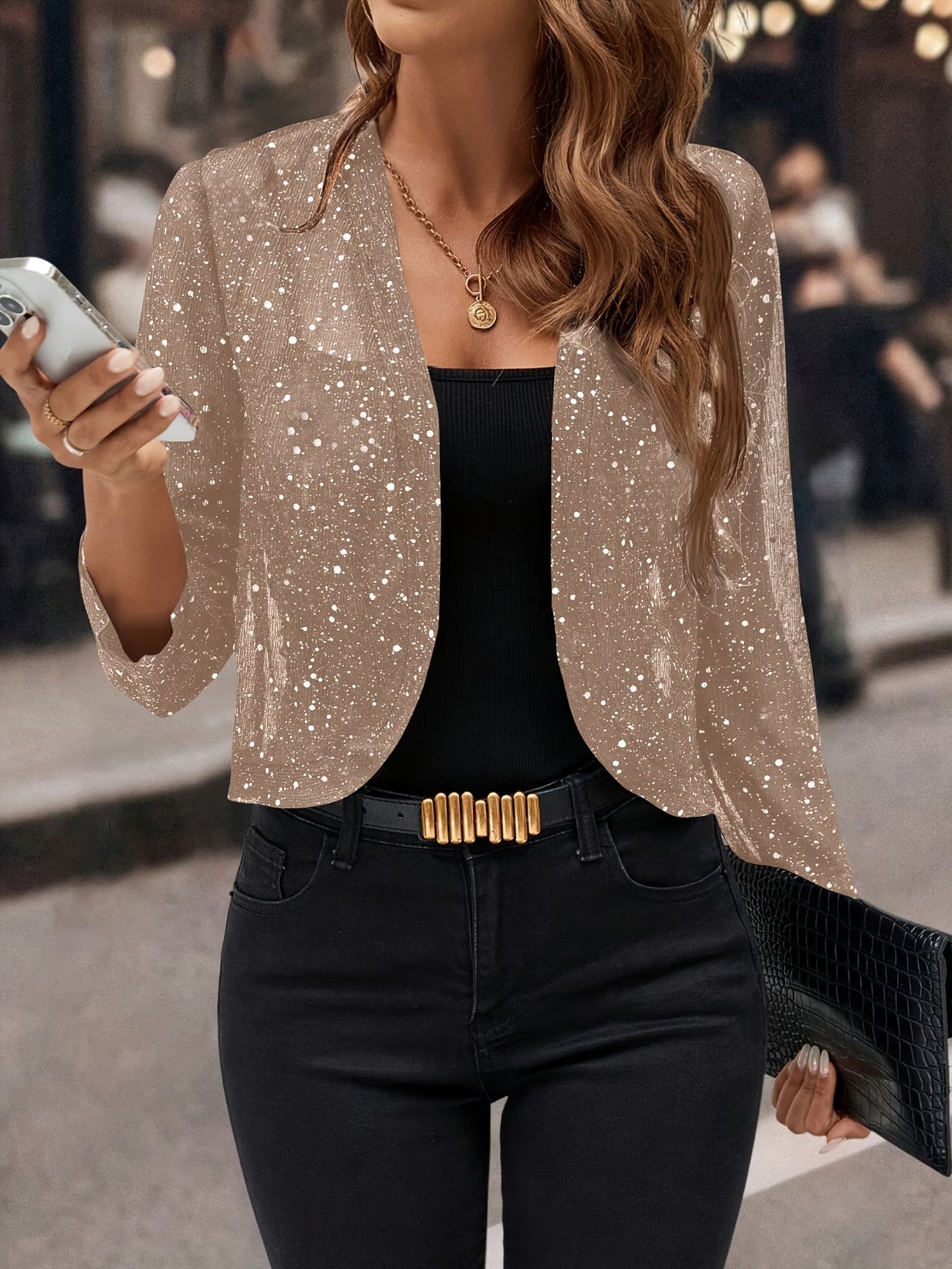 Amruta | Women's Sequin Open Front Cropped Length Jacket