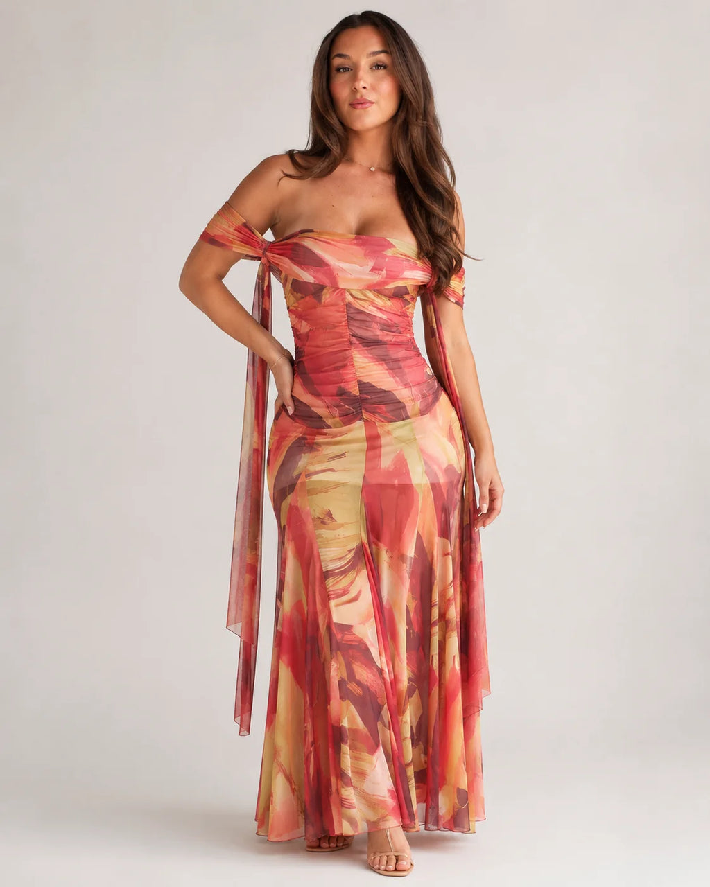Amy | Women’s Off Shoulder Ruched Printed Maxi Dress