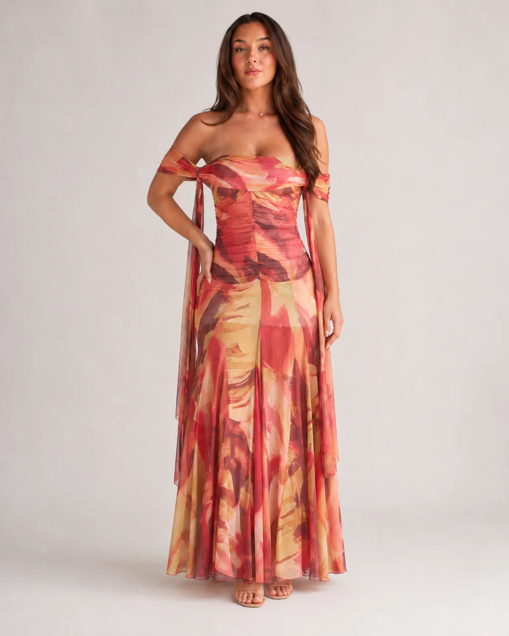 Amy | Women’s Off Shoulder Ruched Printed Maxi Dress