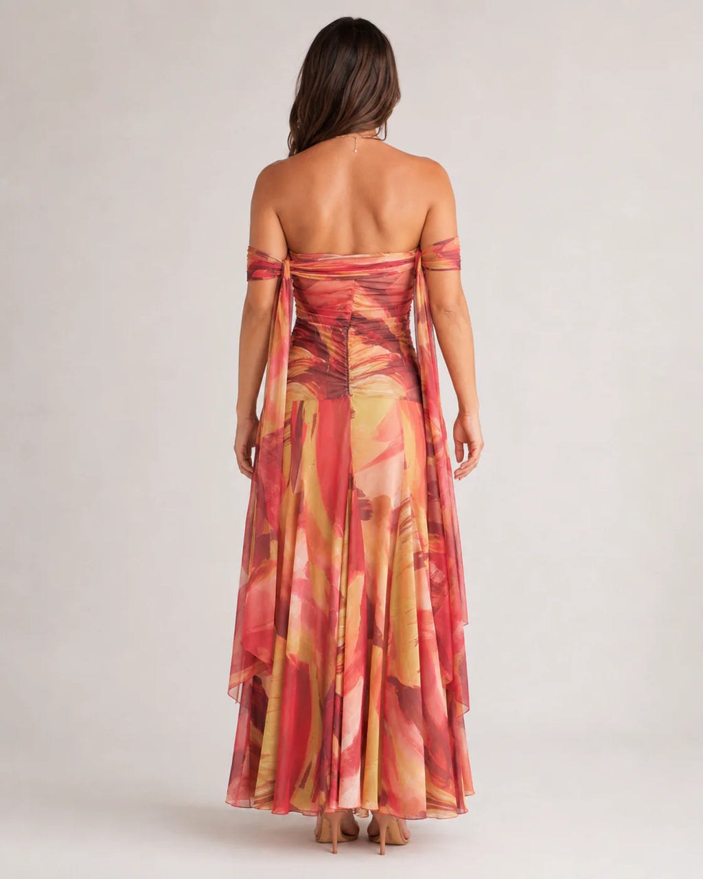 Amy | Women’s Off Shoulder Ruched Printed Maxi Dress