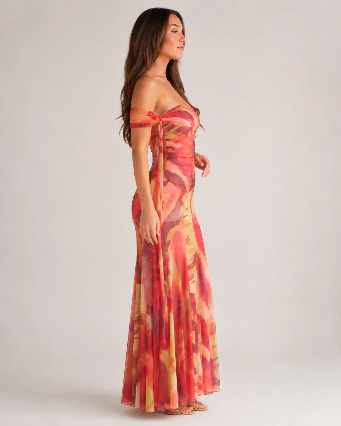 Amy | Women’s Off Shoulder Ruched Printed Maxi Dress