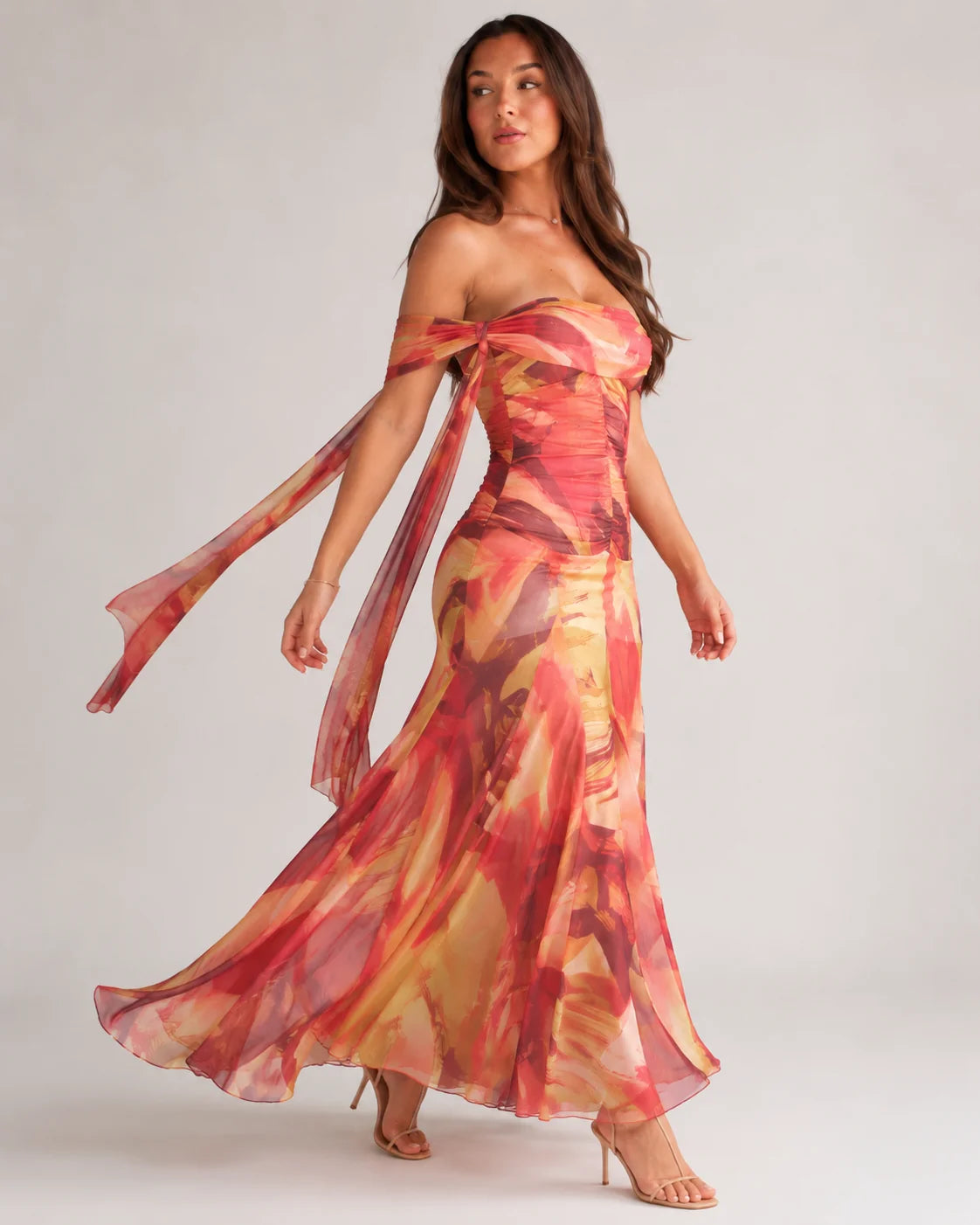Amy | Women’s Off Shoulder Ruched Printed Maxi Dress