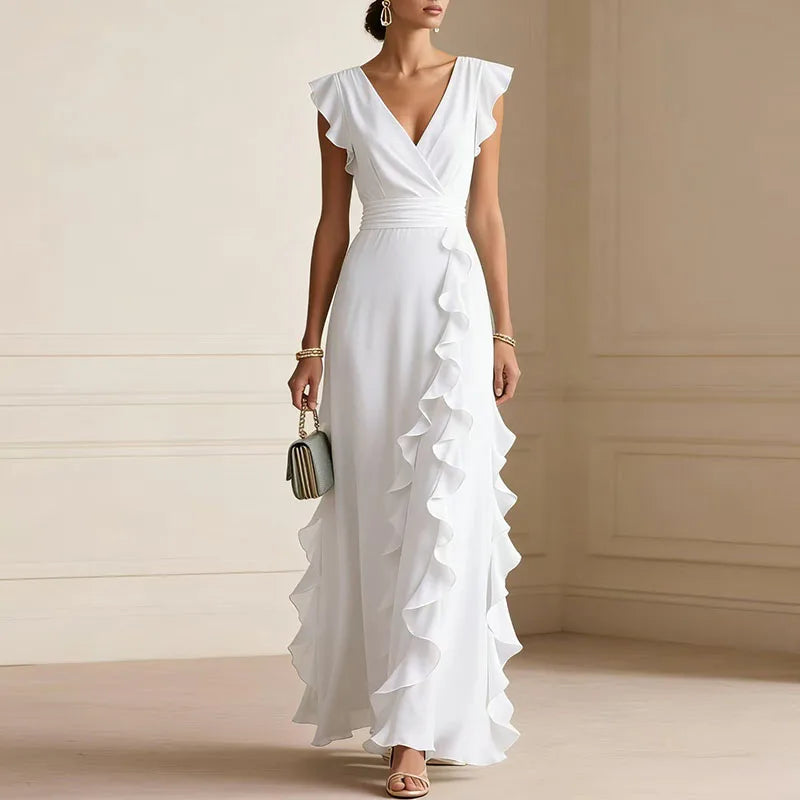 Anabeth | Women's Ruffled V Neck Sleeveless Flowy Maxi Dress