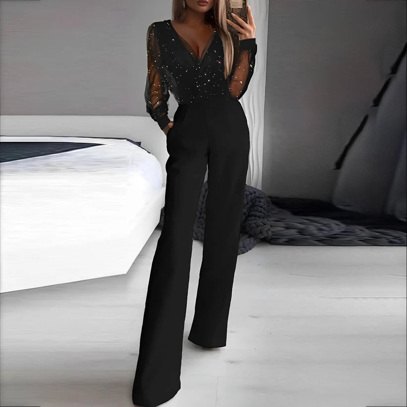 Analisa | Women's Sparkle Long Sleeve V-Neck Wide Leg Jumpsuit