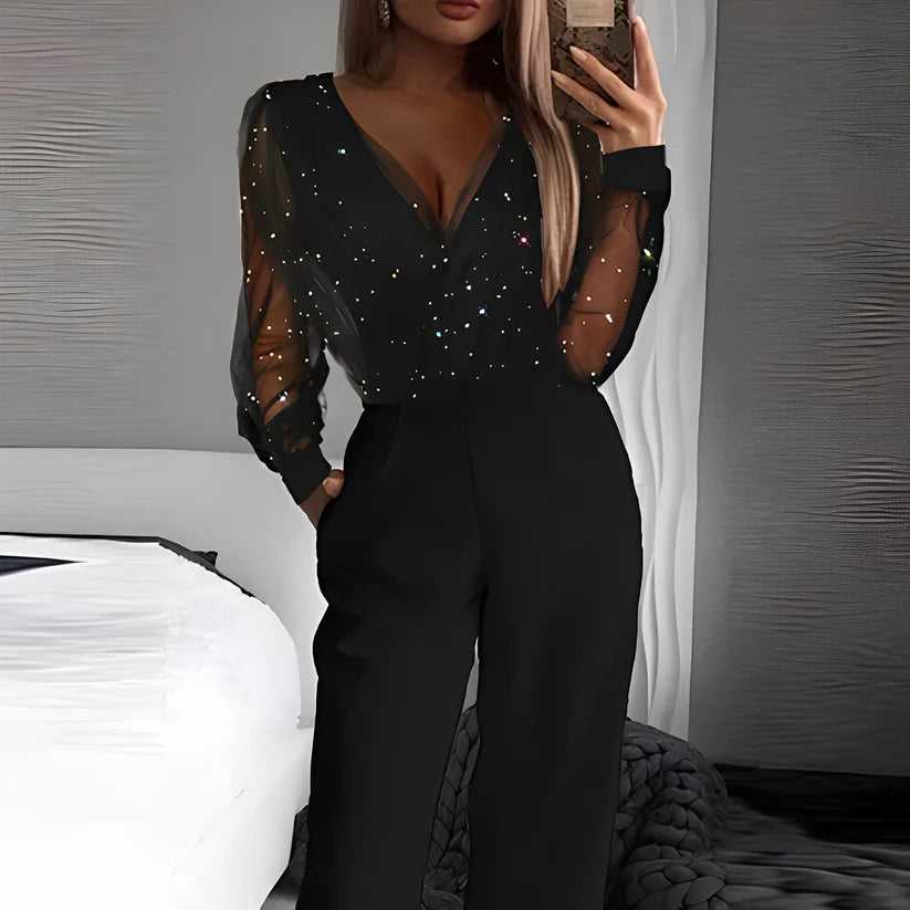 Analisa | Women's Sparkle Long Sleeve V-Neck Wide Leg Jumpsuit