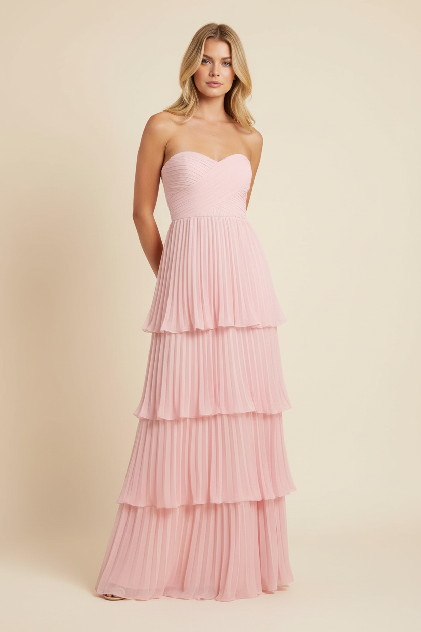 Andra | Women's Strapless Pleated Tiered Maxi Wedding Guest Dress