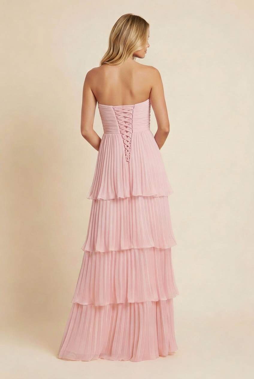 Andra | Women's Strapless Pleated Tiered Maxi Wedding Guest Dress