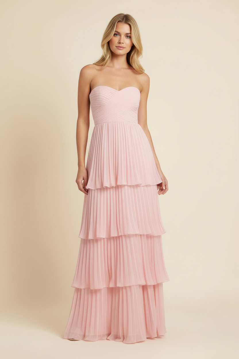 Andra | Women's Strapless Pleated Tiered Maxi Wedding Guest Dress
