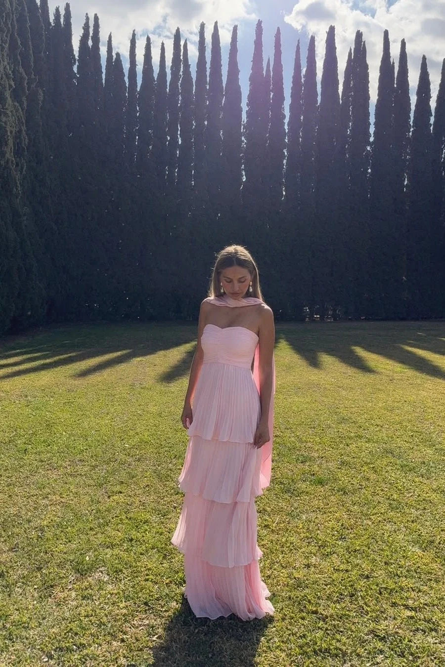 Andra | Women's Strapless Pleated Tiered Maxi Wedding Guest Dress