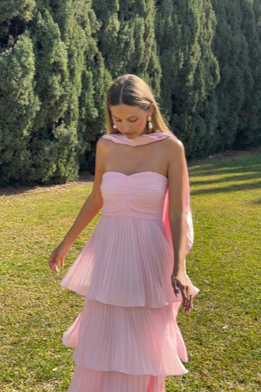Andra | Women's Strapless Pleated Tiered Maxi Wedding Guest Dress