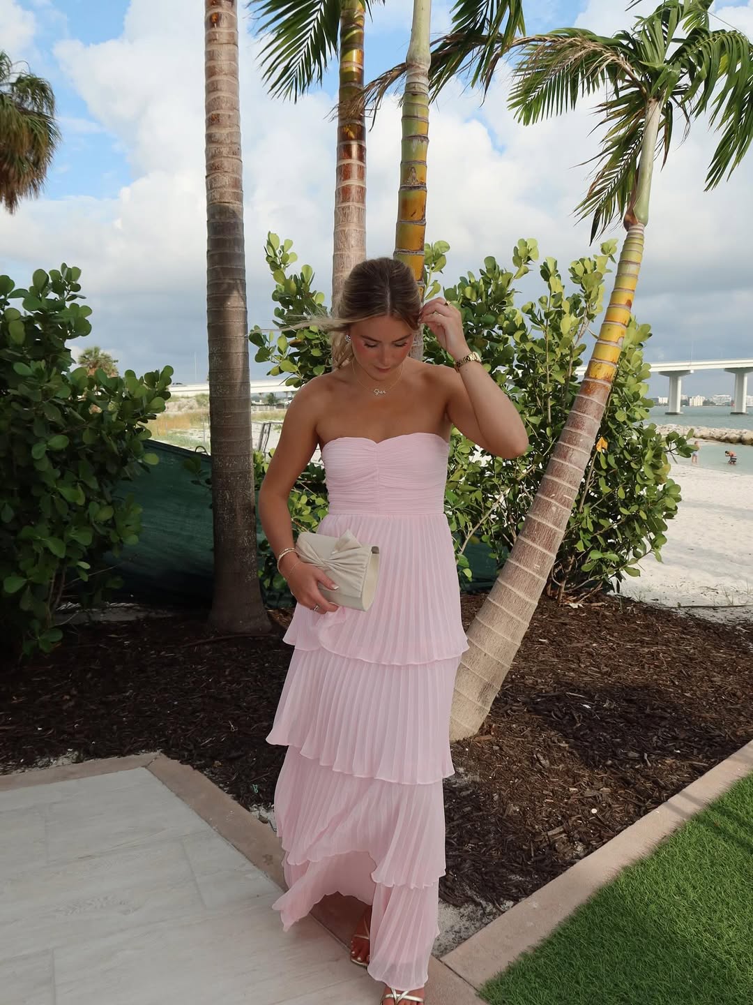 Andra | Women's Strapless Pleated Tiered Maxi Wedding Guest Dress
