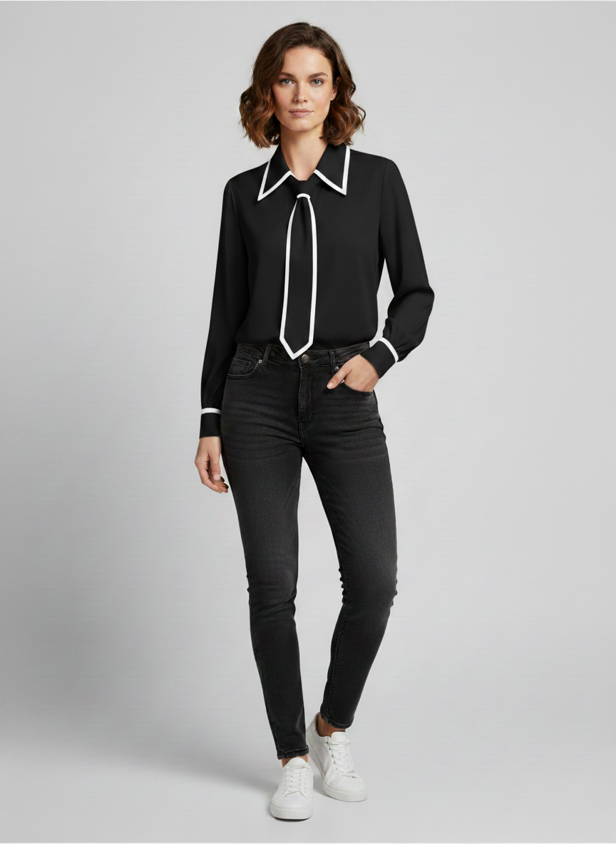 Andrea | Women’s Contrast Tie Long Sleeve Blouse