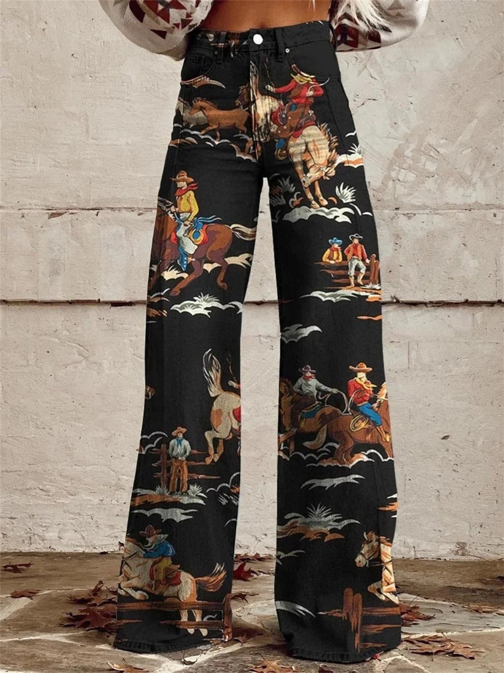 Anemone | Women’s High Waisted Wide Leg Printed Denim Pants