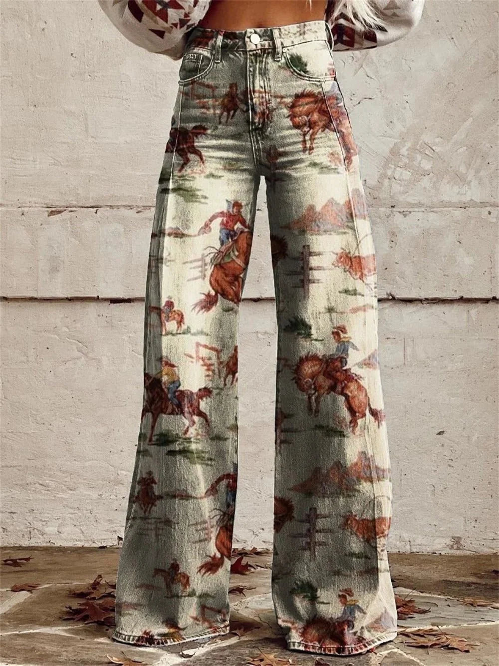 Anemone | Women’s High Waisted Wide Leg Printed Denim Pants