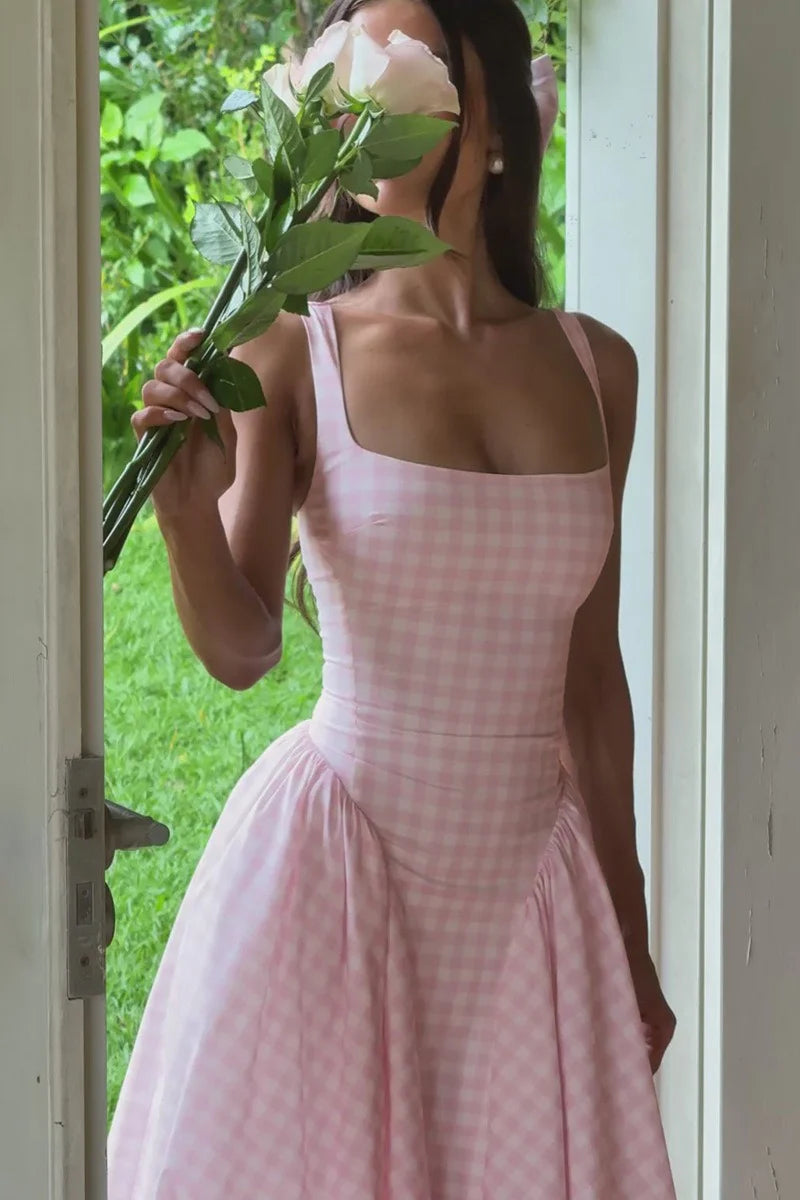 Anette | Women's Sleeveless Square Neck Gingham Midi Dress