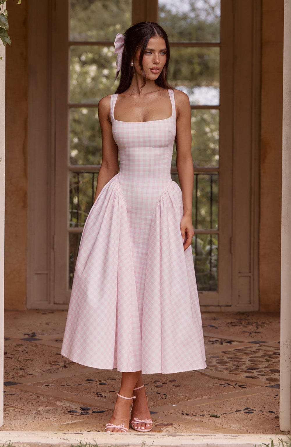 Anette | Women's Sleeveless Square Neck Gingham Midi Dress