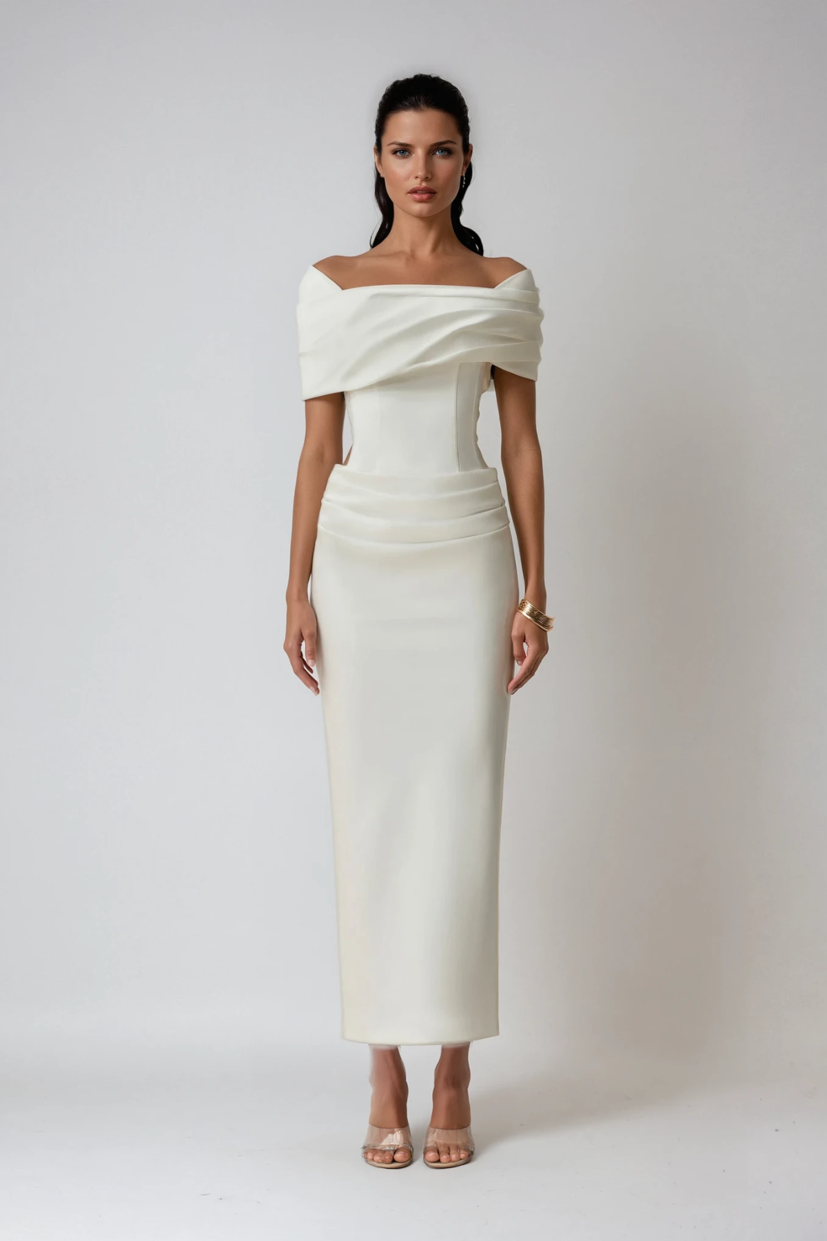 Aniyah | Women’s Off Shoulder White Wedding Guest Midi Dress