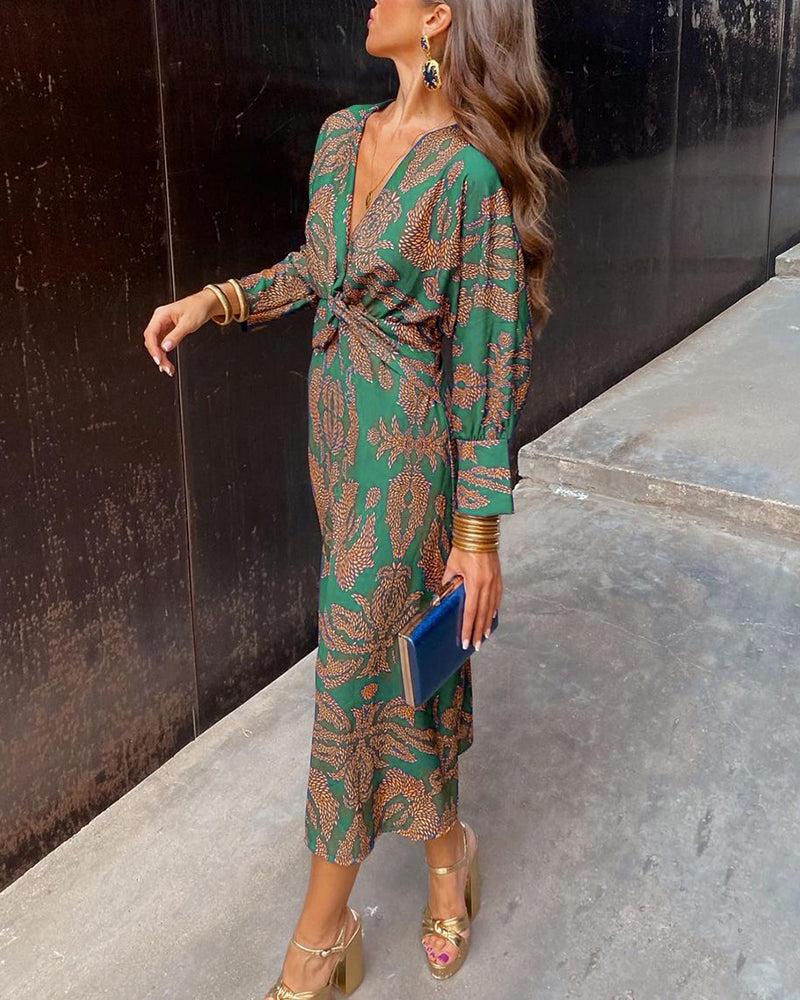 Annmarie | Women’s V Neck Tie Waist Botanical Print Midi Dress