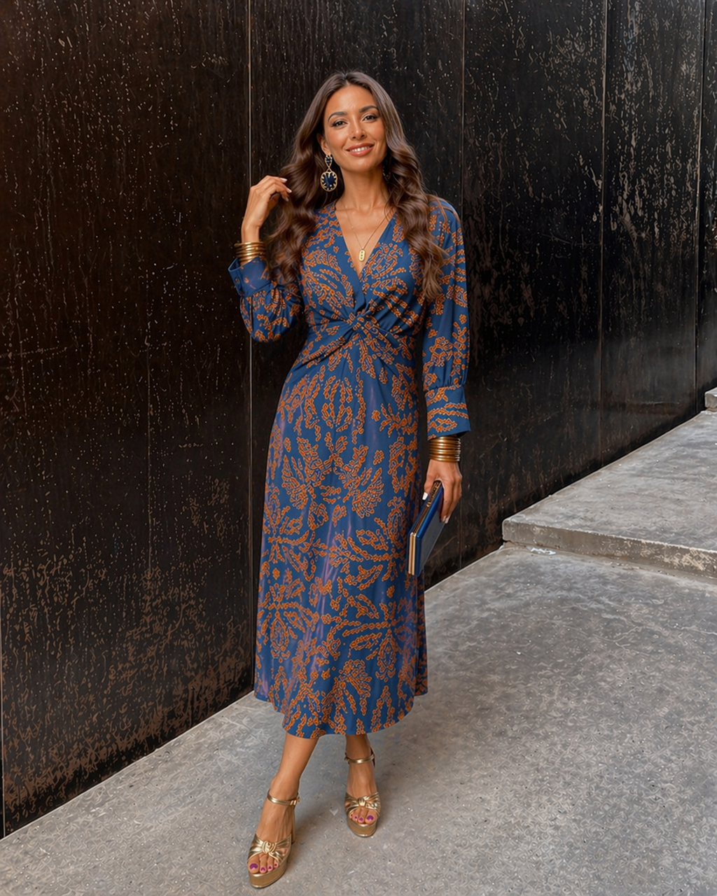 Annmarie | Women’s V Neck Tie Waist Botanical Print Midi Dress