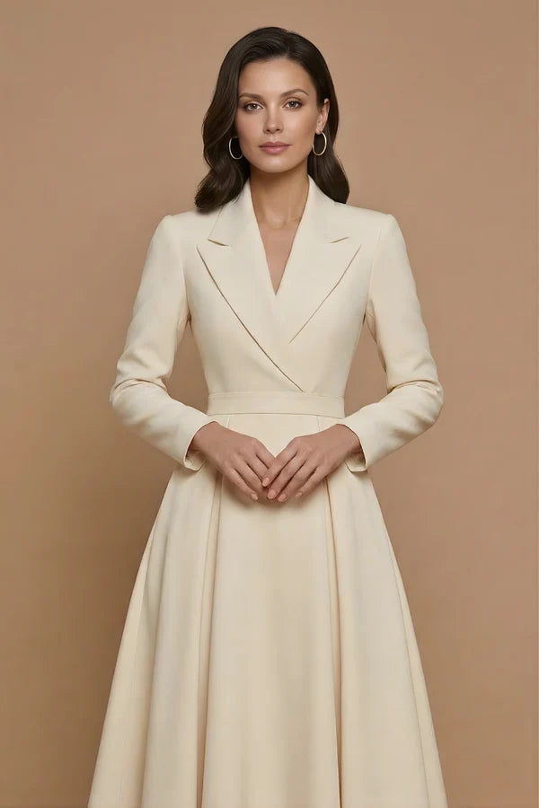 Anselma | Women’s Pleated Long Sleeve Notched Lapel Midi Dress