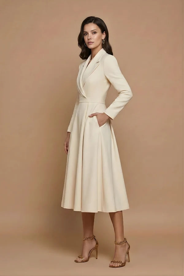 Anselma | Women’s Pleated Long Sleeve Notched Lapel Midi Dress