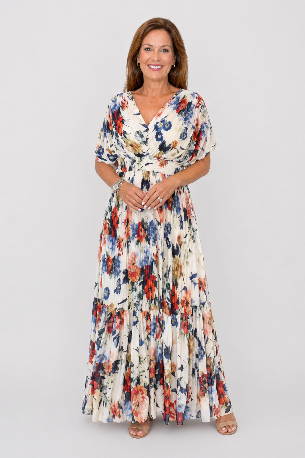 April | Women’s V Neck Pleated Floral Print Maxi Dress