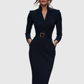 Arabella | Women's V Neck Belted Midi Long Sleeve Dress with Pockets