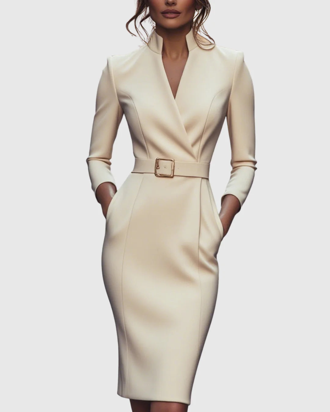 Arabella | Women's V Neck Belted Midi Long Sleeve Dress with Pockets