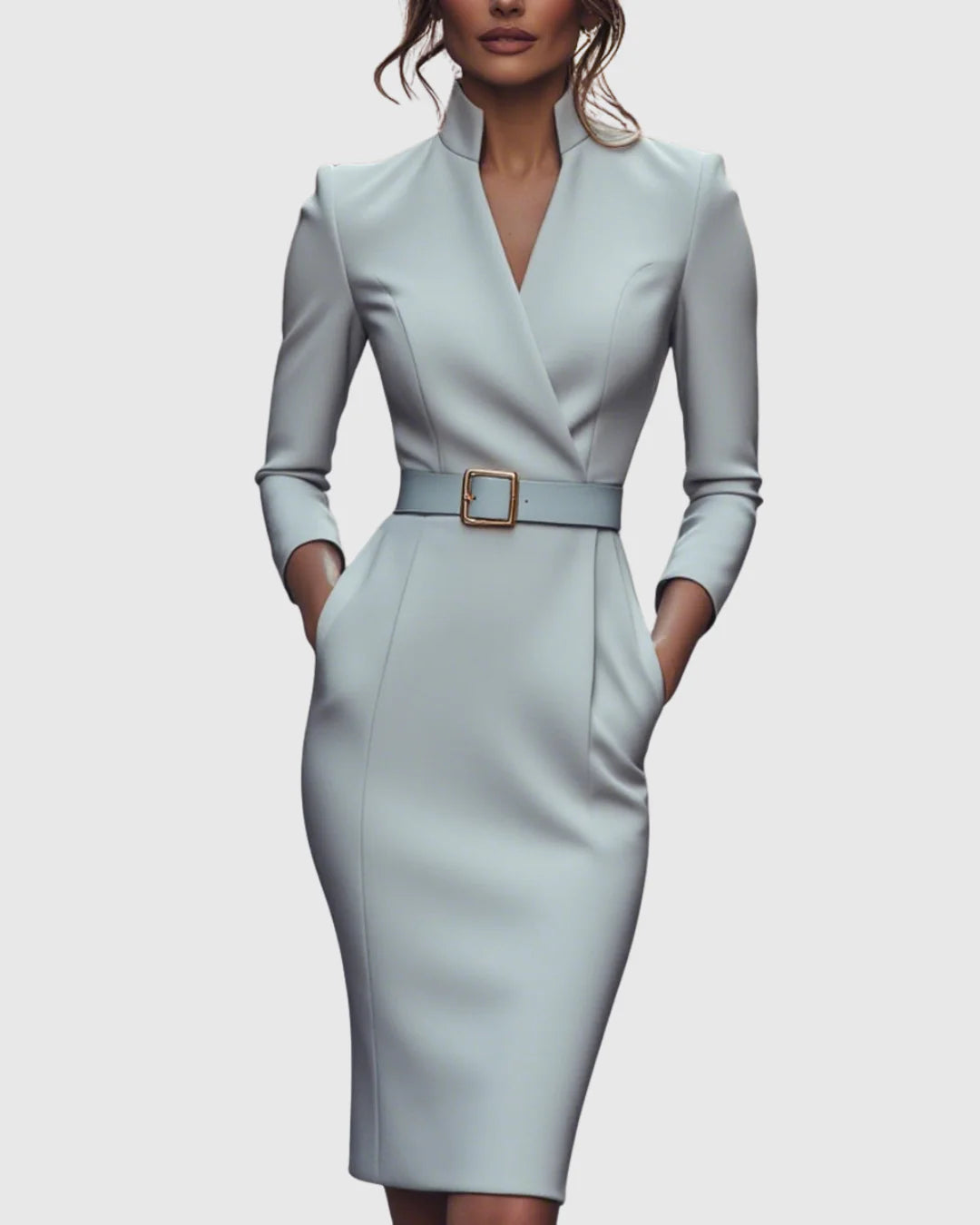 Arabella | Women's V Neck Belted Midi Long Sleeve Dress with Pockets