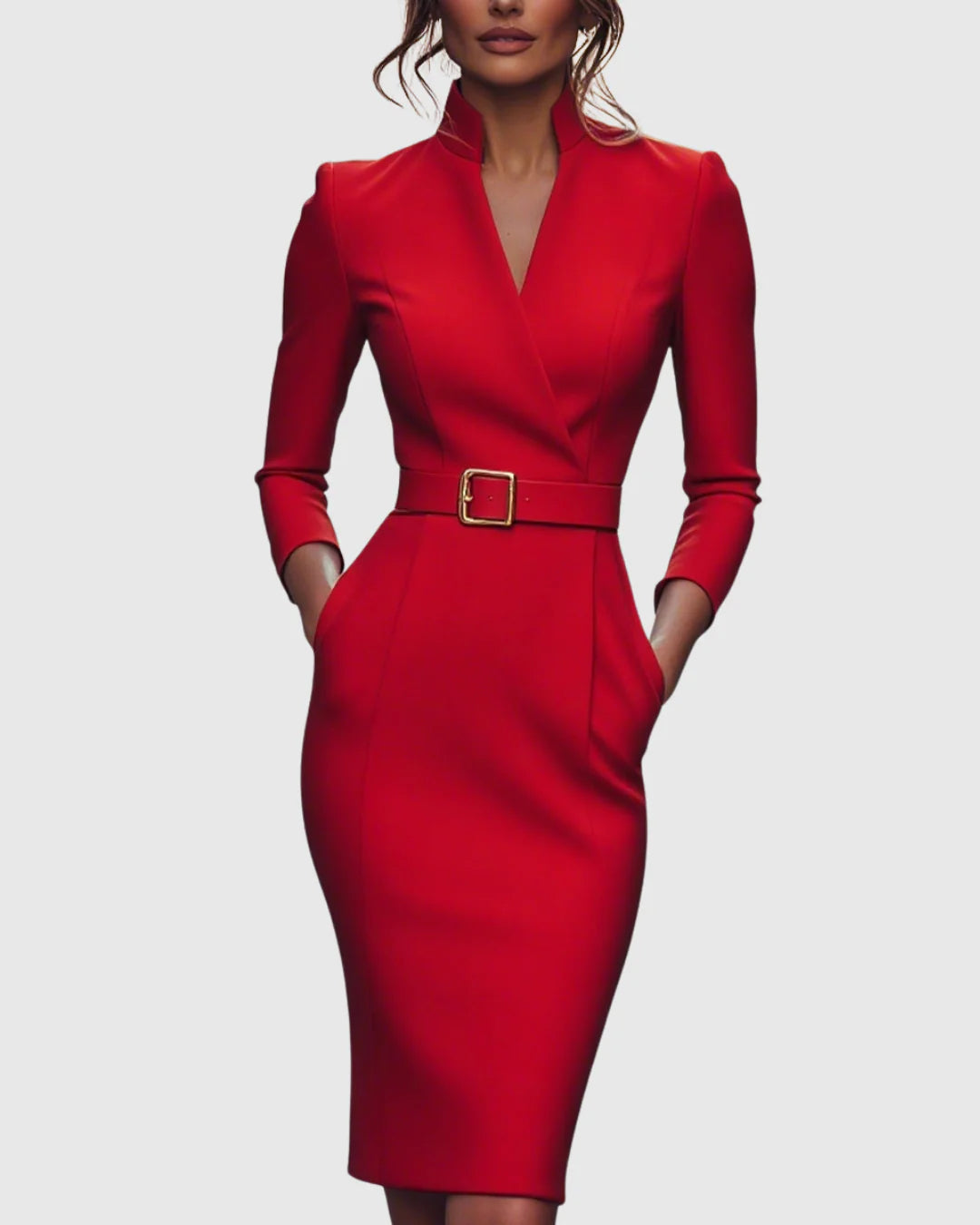 Arabella | Women's V Neck Belted Midi Long Sleeve Dress with Pockets