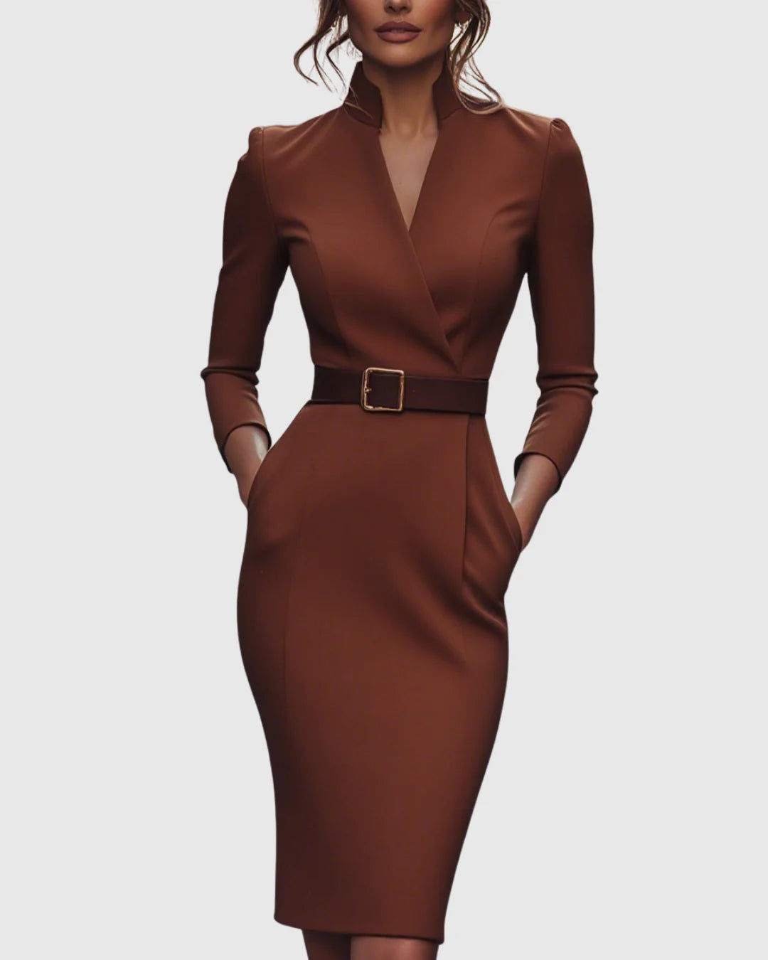 Arabella | Women's V Neck Belted Midi Long Sleeve Dress with Pockets