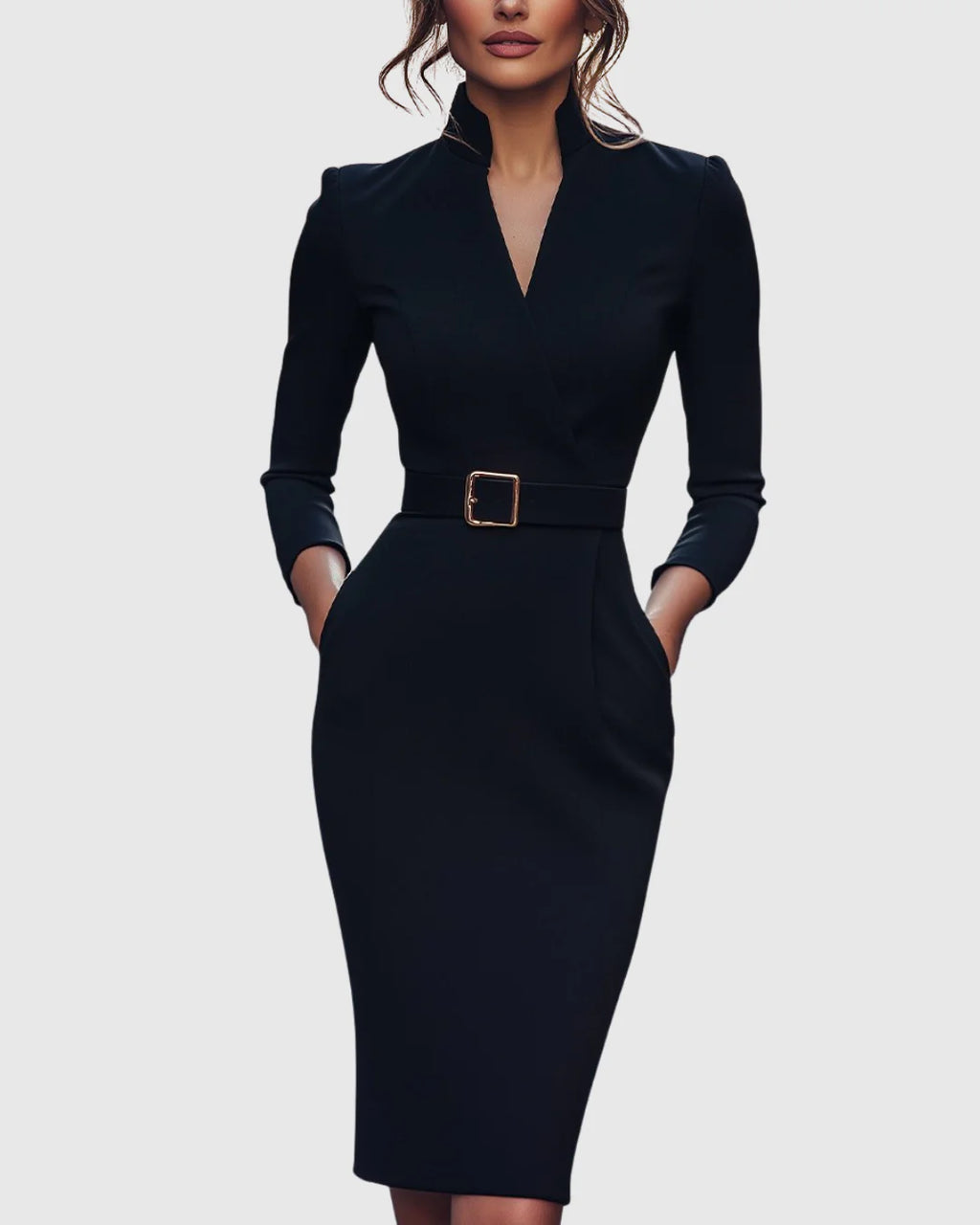 Arabella | Women's V Neck Belted Midi Long Sleeve Dress with Pockets