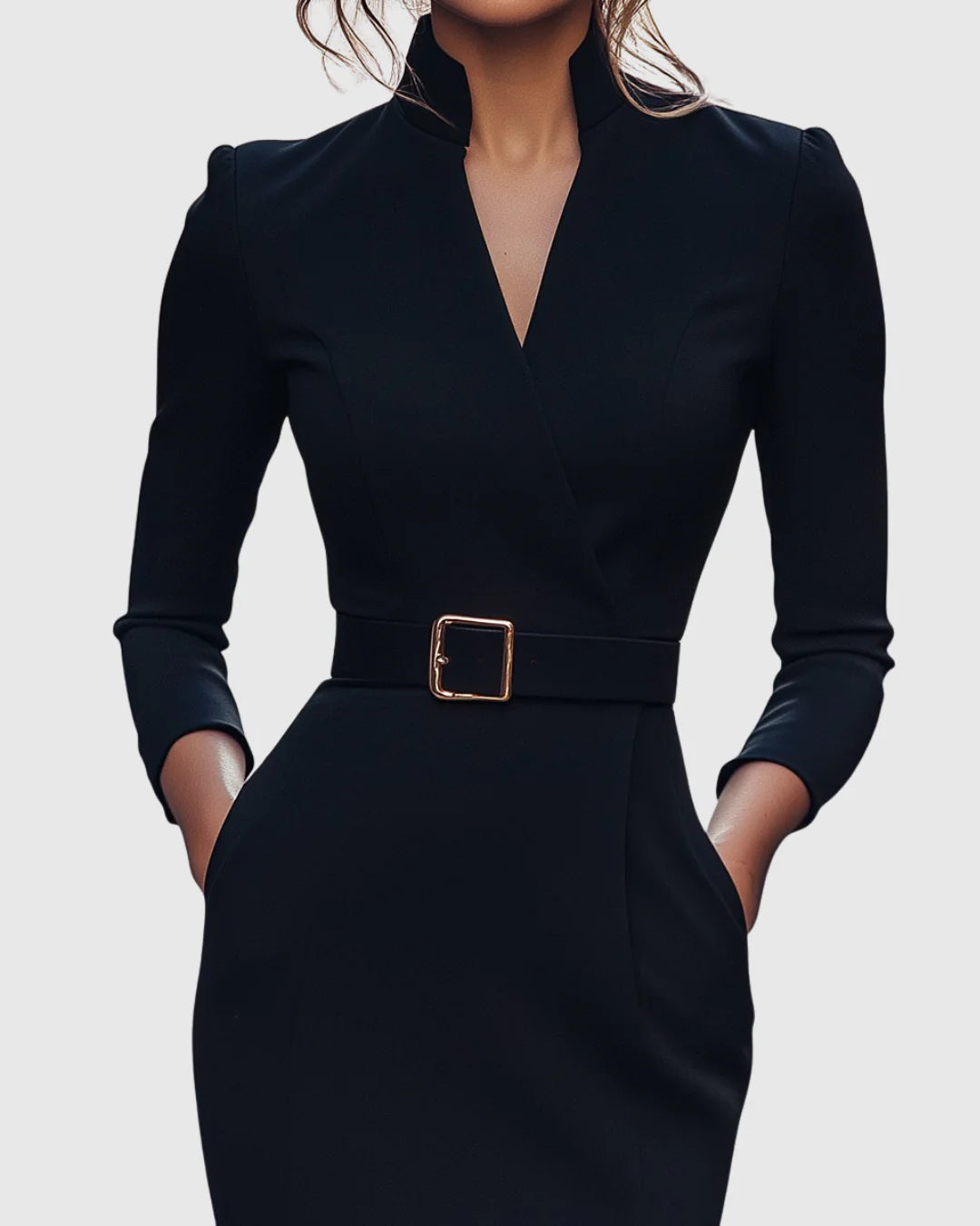 Arabella | Women's V Neck Belted Midi Long Sleeve Dress with Pockets