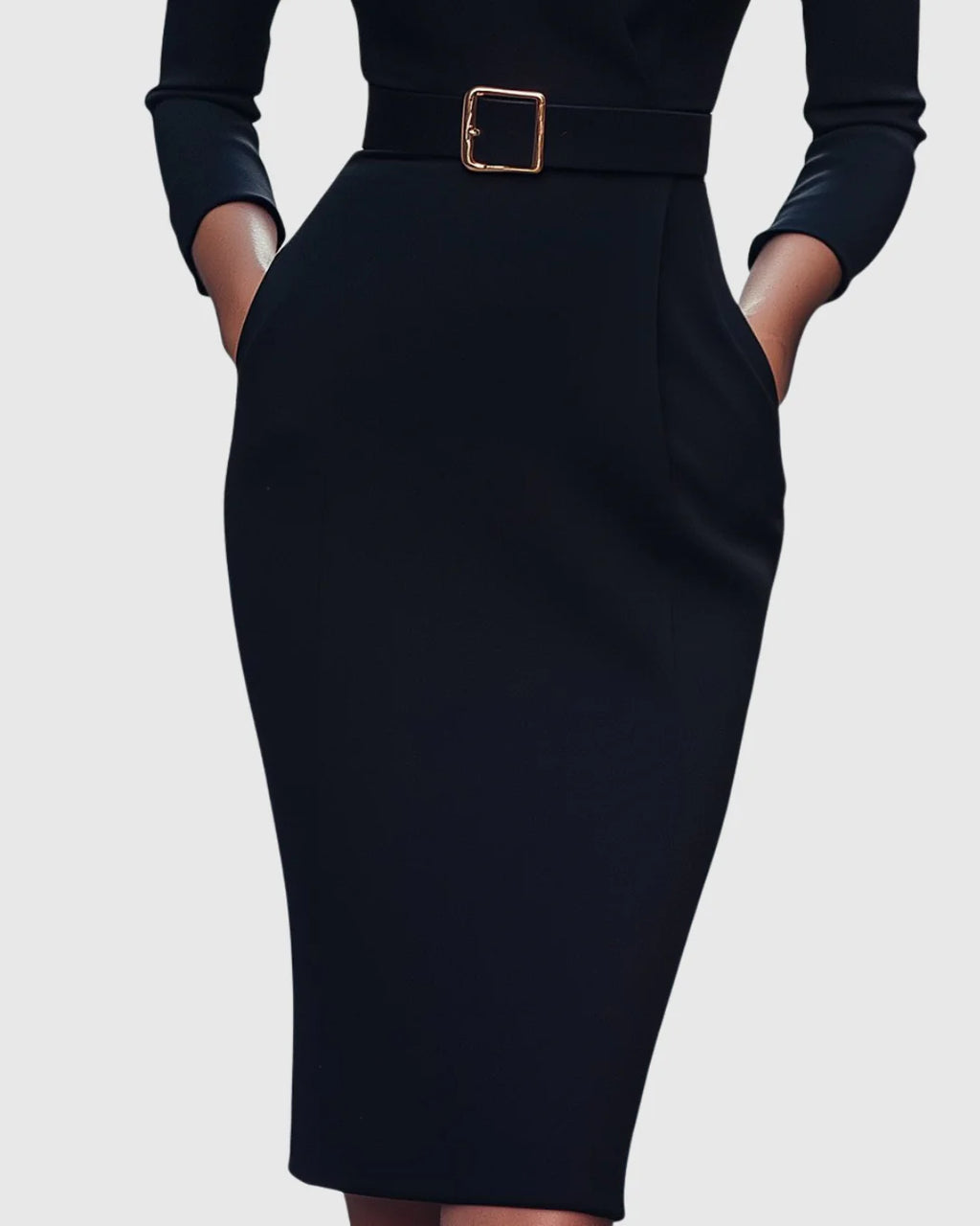 Arabella | Women's V Neck Belted Midi Long Sleeve Dress with Pockets