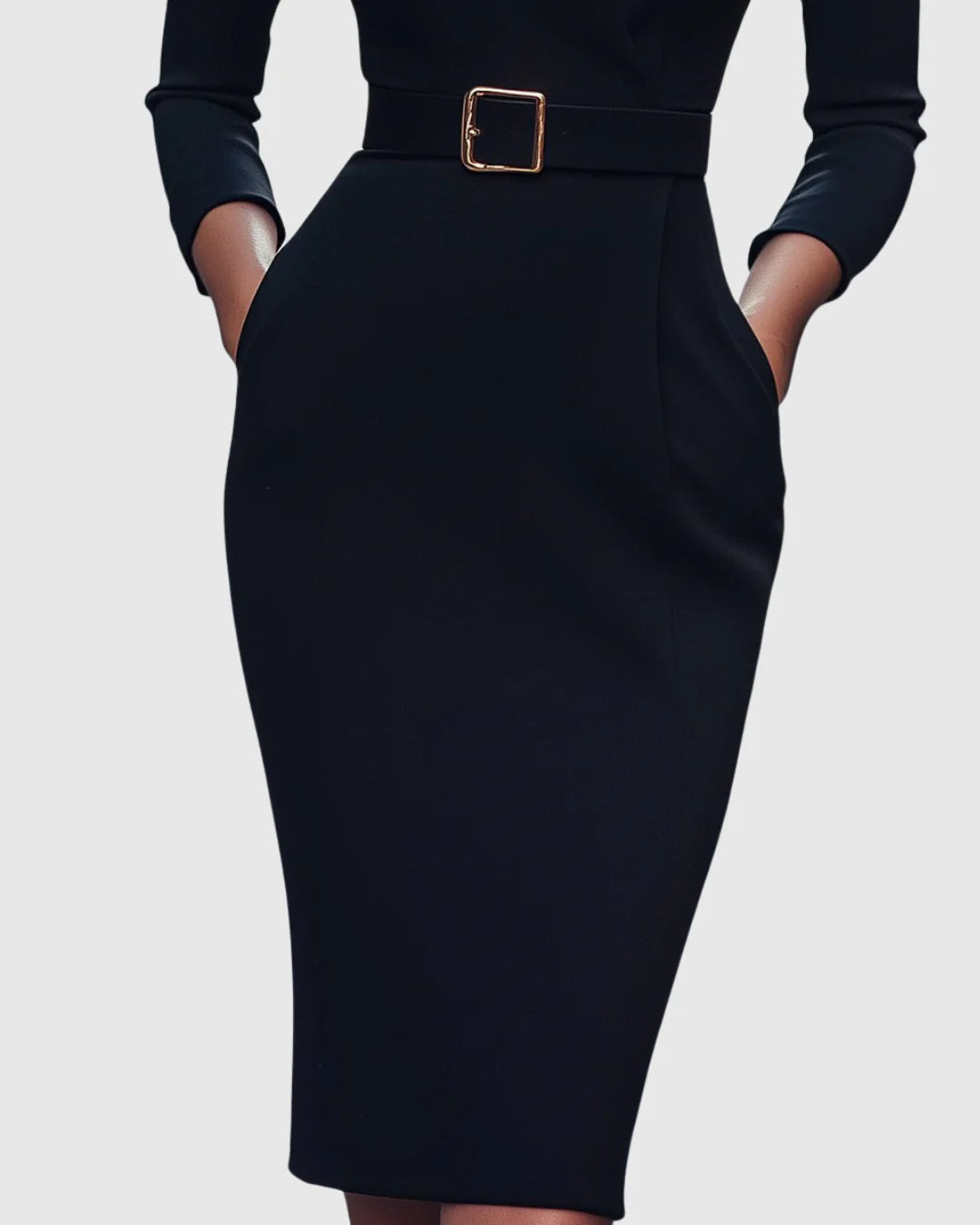 Arabella | Women's V Neck Belted Midi Long Sleeve Dress with Pockets