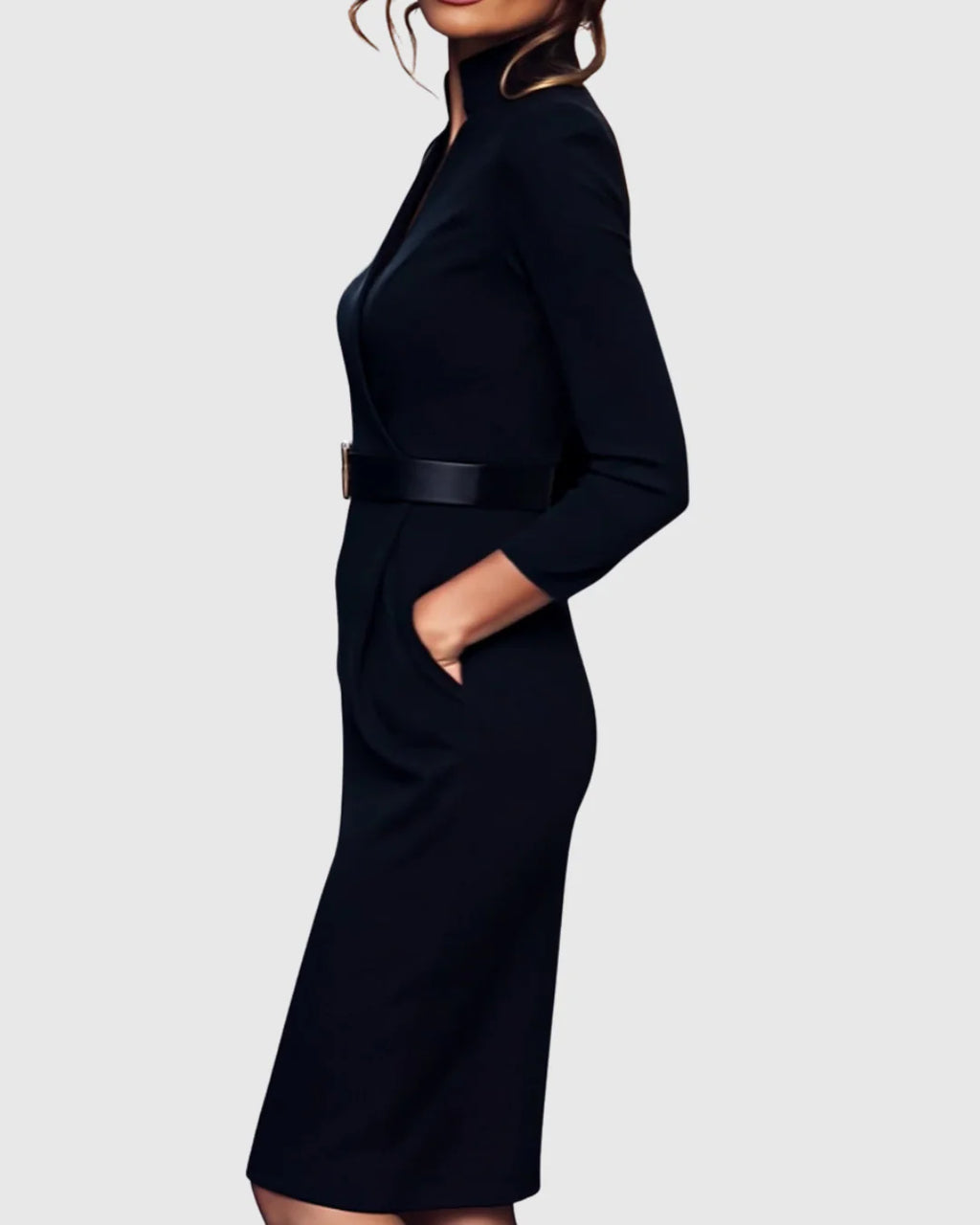 Arabella | Women's V Neck Belted Midi Long Sleeve Dress with Pockets