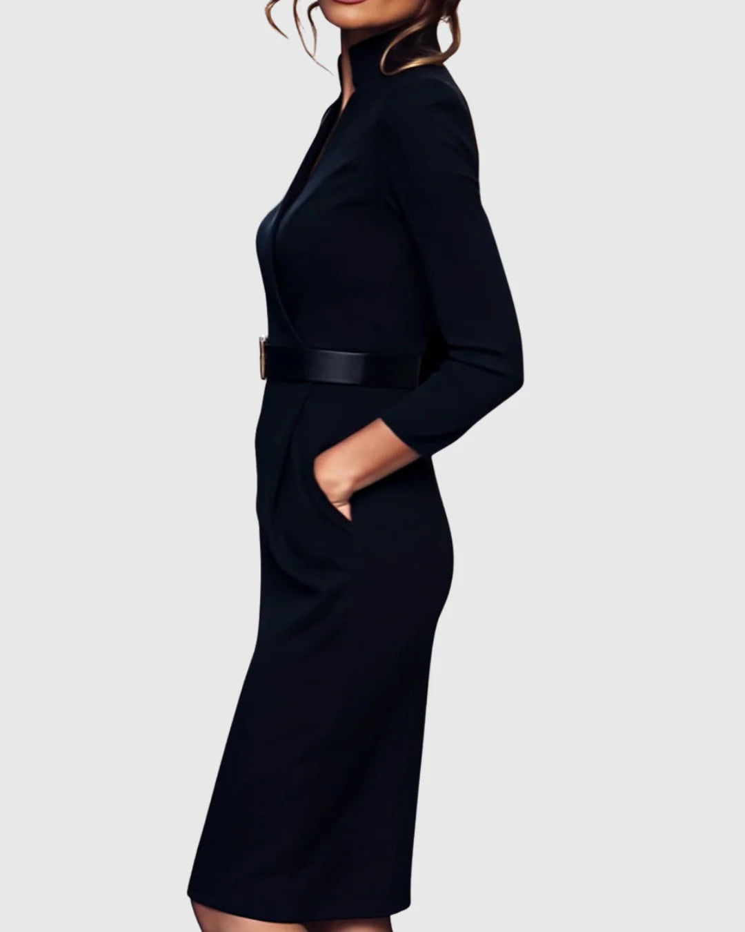 Arabella | Women's V Neck Belted Midi Long Sleeve Dress with Pockets